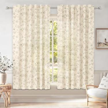Imagem de GICDSU Cortinas blackout de linho branco, casa de fazenda, 203 cm de comprimento, 2 painéis, cortina de linho transparente, cortinas de linho com estampa floral verde na parte de trás, raqueta, gancho