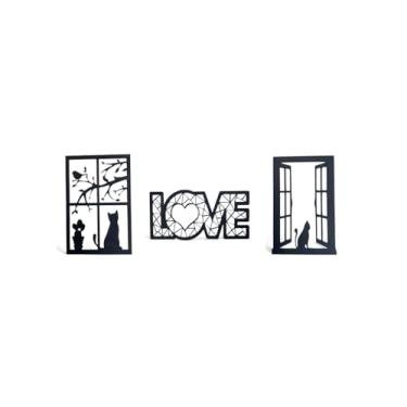 Imagem de Kit 3 Quadros Decorativos Gato Love, MDF 3mm, Preto, 29x19cm, Decoração de Parede com Silhueta de Gato e Janela