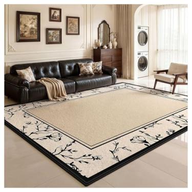 Imagem de SPXMQSS Tapetes florais laváveis, tapete vintage para sala de estar antiderrapante pilha baixa não derrama, fácil de limpar para sala de estar, quarto, sala de jantar, escritório em casa - bege preto