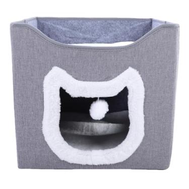 Imagem de GLOGLOW Casa para Gatos, Cama de Gato Semi-fechada de Pelúcia Espessa de Camada Dupla Com Almofada Removível, para Gatos Internos Sensíveis Ao Frio, Fundo Antiderrapante e Placa para