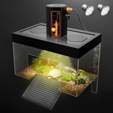 Imagem de Clioran Plataforma de tartaruga com luz, 30 x 19,8 x 19,8 cm decoração de topo elevado de terra, deslizante de orelhas vermelhas, gaiola de habitat suspensa, tanque corno com tampa, casa para terrapin