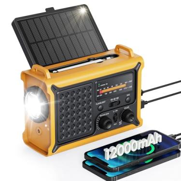 Imagem de Rádio meteorológico de emergência com energia solar e manivela – Rádio de alerta meteorológico portátil NOAA AM/FM, carregador portátil de 12000mAh/44400mWh, lanterna de LED e lâmpada de leitura