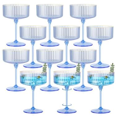 Imagem de HKSZEH 12 peças de copos de plástico champanhe cupê azul oceano com nervuras copos cupê 283 g borda dourada destacável copo de martini expresso vintage Margarita conjunto de copos de coquetel para chá