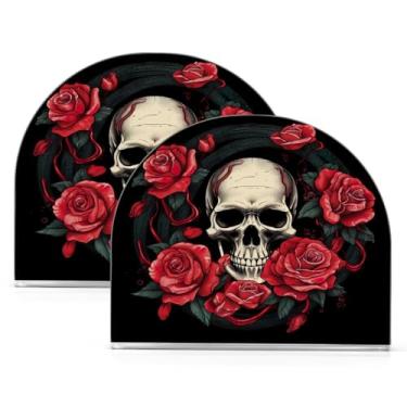 Imagem de Wassud Porta-guardanapos acrílico caveira com rosas vermelhas, dispensador de guardanapos de papel moderno em forma de U para mesa, cozinha, sala de jantar, bancada 2 peças (comporta 50-60 guardanapos