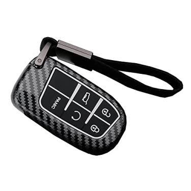 Imagem de Capa para chaveiro para Jeep Grand Cherokee Renegade Chrysler 200 300 Dodge RAM Durango Charger Challenger Journey Dart Fiat 5 botões sem chave, suporte remoto padrão de fibra de carbono ABS (preto)
