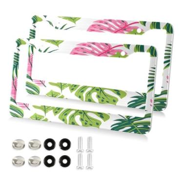 Imagem de Qilmy Molduras de placa de licença 2 pacotes, capas de placa de licença de folhas de palmeira tropical, moldura universal de etiqueta de alumínio para etiquetas dianteiras e traseiras do carro136