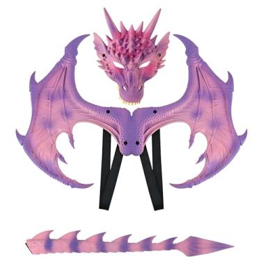 Imagem de Alodidae Conjunto de fantasias de dragão asas de demônio cauda de demônio máscara de dinossauro para baile de máscaras de Halloween cosplay (rosa)
