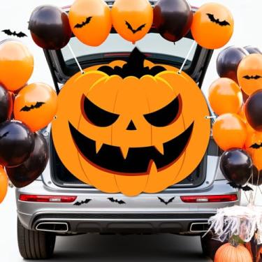 Imagem de Lecheme Kit de decoração de porta-malas ou petiscos de Halloween: bandeira de abóbora maligna balões laranja pretos adesivos de morcego decorações de Halloween ao ar livre para SUV garagem porta arco