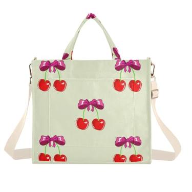 Imagem de Burbuja Sacola feminina cerejas vermelhas com laços, bolsa de veludo cotelê, bolsa tiracolo para compras, trabalho, viagens, C333, Small