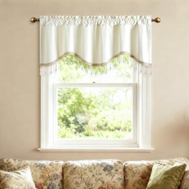 Imagem de Leeva Saia de cozinha de veludo branco para janelas, cortina ondulada de cor sólida luxuosa com borlas de contas, bolso para varão elegante cobertura de janela para quarto, sala de estar, sala de