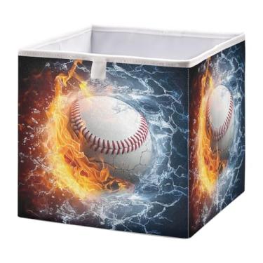 Imagem de STAYTOP Cubos de armazenamento de beisebol Flame 28 cm, cestas de armazenamento dobráveis para organizar livros, prateleiras, armários, caixa de armazenamento grande, caixas organizadoras resistentes