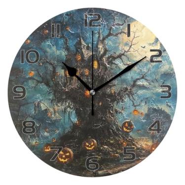 Imagem de YETTASBIN Relógio de parede de castelo de Halloween, silencioso, sem tique-taque, operado por bateria, relógio redondo decorativo criativo para cozinha, sala de estar, banheiro, decoração de