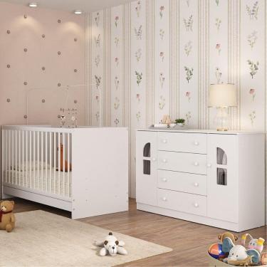 Imagem de Berço 3 em 1 para Colchão 130x60cm com Cômoda 2 Portas 4 Gavetas Amora Multimóveis MP4763