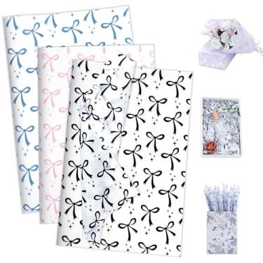 Imagem de Larcenciel Papel de embrulho de presente com laço, padrão de laço coquete em azul, rosa e preto, papel de seda bonito para sacolas de presente, materiais de embalagem de arte para aniversário