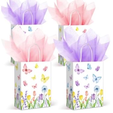 Imagem de JarThenaAMCS 24 sacos de papel florais de primavera com 30 folhas de papel de seda rosa roxo tulipa flor borboleta doces sacos com alças para lembrancinhas de festa de casamento de aniversário