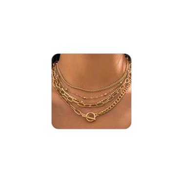 Imagem de Colar gargantilha empilhável em camadas douradas para mulheres, conjunto simples de colar curto, clipe de papel geométrico, joia de strass, 5 peças, Large, Liga de aço, Sem Pedra Preciosa