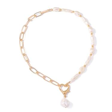 Imagem de Colar feminino com pingente de pérola com corrente de ouro irregular, barroco, contas com elos grossos, clipe de papel, gargantilha com coração quadrado, joia charmosa, Large, Liga de aço, Sem Pedra