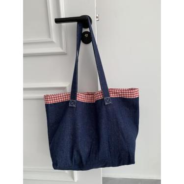 Imagem de Sacola jeans xadrez, bolsa de ombro casual com alça superior, bolsa espaçosa para trabalho e uso diário, Vermelho