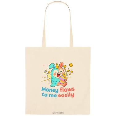 Imagem de Phicorn Sacolas de lona lisa e impressa de 38 cm x 40 cm, sacolas de algodão reutilizáveis para artesanato DIY, mantimentos e presentes de Natal (Coelho unicórnio impresso - Money Flows to Me Easily)