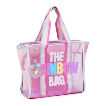Imagem de Bolsa Teen Transparente Rosa Arco-Iris Divisórias Chaveiro Organizadora Estilosa Lilás Rosa Passeio