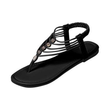 Imagem de Sandália feminina confortável primavera verão bico redondo dedo aberto tira elástica sandálias planas para uso casual ao ar livre dentro de casa, Preto, 39