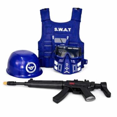 Imagem de Kit Policial Infantil com Colete, Rifle e Acessórios, Brinquedo de Faz de Conta, Acima de 3 Anos, Azul, Inclui Máscara, Capacete