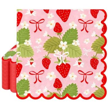 Imagem de FYSUIMU 50 pçs guardanapos de almoço de morango recortados descartáveis guardanapos de papel coquete sobremesa jantar guardanapo de mão para casamento, aniversário, chá de bebê, decoração de
