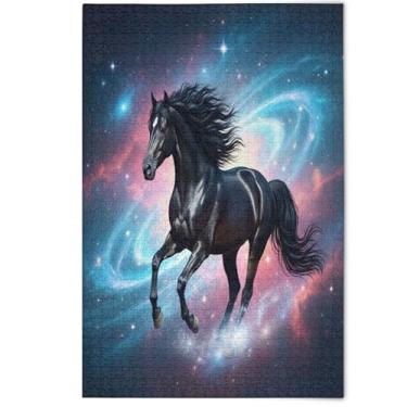 Imagem de Quebra-cabeça de cavalo preto divertido para adultos 1000 peças presentes de elefantes brancos quebra-cabeças criativos presentes cenário estético arte floral, 1000 peças, 75 x 50 cm