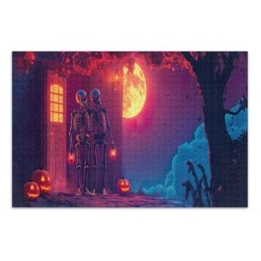 Imagem de Quebra-cabeça de Halloween esqueletos lua vermelha 1000 peças para adultos, quebra-cabeças de fantasia para adultos com letras nas costas