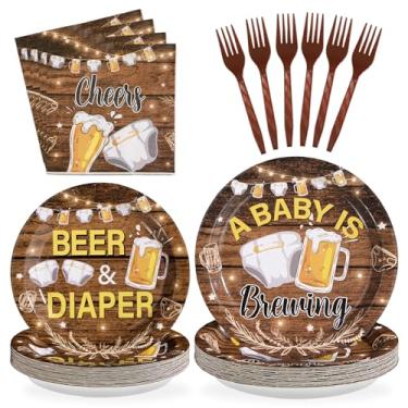 Imagem de 96Pcs Beer and Diaper Party Decorations A Baby is Brewing Baby Shower Plates and Napkins Tableware Set Beer And Bottle Diaper Decorations for Cheers Beers Brew Birthday Party Supplies Serves 24