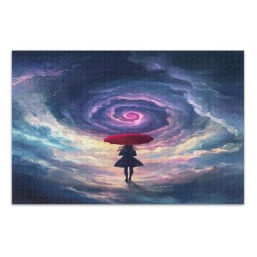 Imagem de Quebra-cabeça de mulher com guarda-chuva vermelho em vórtice 1000 peças para adultos, quebra-cabeça engraçado com letras nas costas