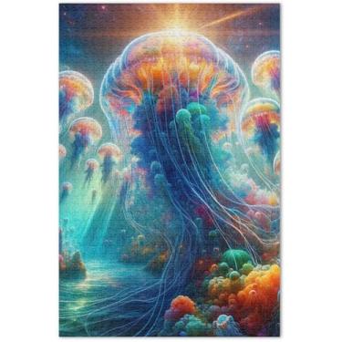 Imagem de Quebra-cabeças de água-viva vida marinha azul 1000 peças presentes de festa de elefante branco para adultos, quebra-cabeças divertidos para adultos, arte de flores com animais, 75 x 40 cm