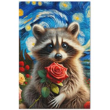 Imagem de Noite estrelada guaxinim flores rosas adultos quebra-cabeça 500 peças família elefante branco presentes divertido quebra-cabeça cenário paisagem, 51 x 35 centímetros