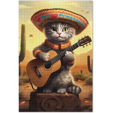 Imagem de Quebra-cabeça de gato fofo tocando guitarra 500 peças presentes adultos para amantes de quebra-cabeças, paisagem, desenho animado, animal