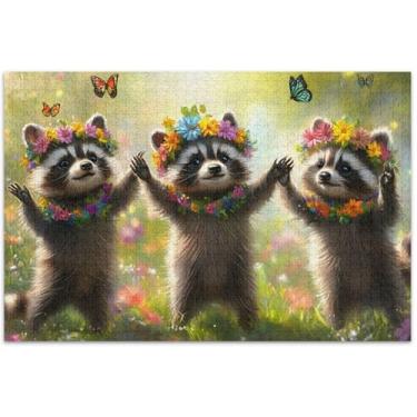 Imagem de Quebra-cabeça personalizado com flores coloridas guaxinins para adultos, 1000 peças, amigos, família, jogos, presentes, quebra-cabeças exclusivos, arte de brinquedo para a família, 75 x 40 cm