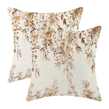 Imagem de OFIRD Capas de almofada florais de primavera, pacote com 2 2 folhas de flores marrons, decoração ao ar livre, decoração de verão, flores marrons, capa de almofada decorativa de linho para sofá