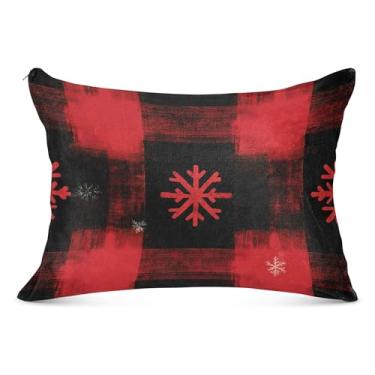 Imagem de Capa de almofada decorativa de Natal xadrez de floco de neve vermelho preto com zíper para travesseiro padrão Queen King fronha fofa e macia, tamanho king, 50,8 cm x 101,6 cm
