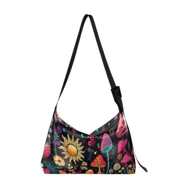 Imagem de Pansies em uma bolsa de ombro de couro azul, bolsa de ombro masculina de couro, bolsa de couro grande transversal, Flores coloridas e cogumelos - 1, One Size