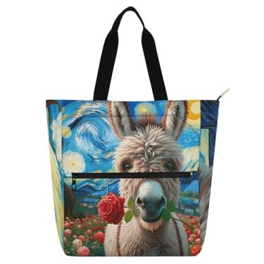 Imagem de GAIGEO Starry Night Donkey Rose Flowers Sacolas femininas para trabalho lona zíper bolsa de praia feminina infantil presente para amantes de livros bolsas