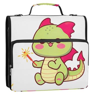 Imagem de Organizador de fichário fofo dragão verde com zíper de 3 cm para fichários escolares resistentes com alça de ombro, portfólio e estojo para pasta de anel