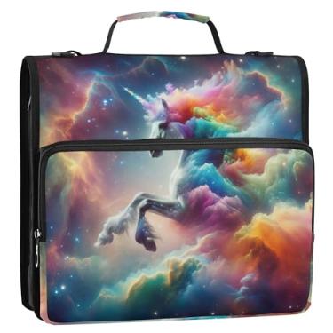 Imagem de Fichário de unicórnio arco-íris com espaço de 3,8 cm, 3 anéis, fichário com zíper e alça de ombro para escola, básico, suporte para 500 folhas