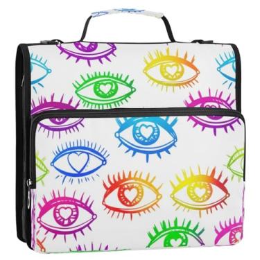 Imagem de Bolsa organizadora de fichário com zíper branco arco-íris e olhos coloridos com alça, pasta de 3,8 cm com 3 anéis D para armazenamento escolar e escritório