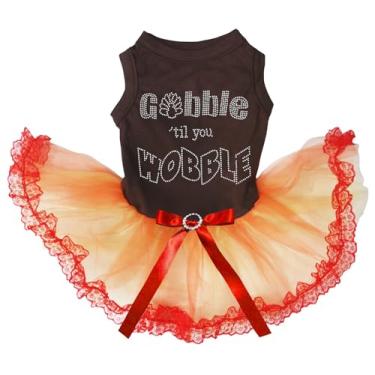 Imagem de Petitebella Vestido de cachorro com strass Gobble Til You Wobble (renda marrom/laranja, grande)