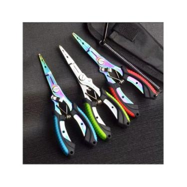 Imagem de Alicate de pesca multifuncional de aço inoxidável com nariz curvado em gancho, cortador de linha de anel aberto de titânio colorido e alça antiderrapante de prensagem de chumbo, azul