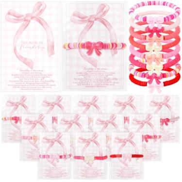 Imagem de Zeyune Conjunto de 24 pulseiras de amizade com laço rosa, presentes de amizade, contas de argila, ajustáveis, cartões inspiradores, laços de coquete, presentes para mulheres, amigas melhores amigas