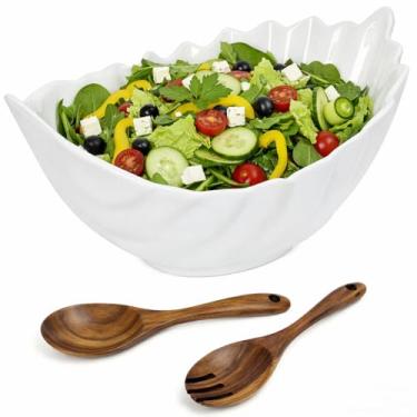 Imagem de Hacaroa Tigela de salada de cerâmica de 1,5 g, tigela grande de 28 cm, tigelas de sopa brancas com utensílios de madeira, tigela decorativa em forma de folha para massas, ensopados, frutas, lanches