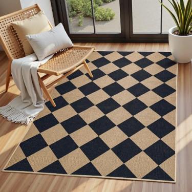 Imagem de EDIMENS Tapete quadriculado de juta fácil, tapete de pátio externo 7,5 x 12,7 cm para entrada interna e externa tapete de sala de estar, preto lavável, antiderrapante, diamante, fazenda, para quintal