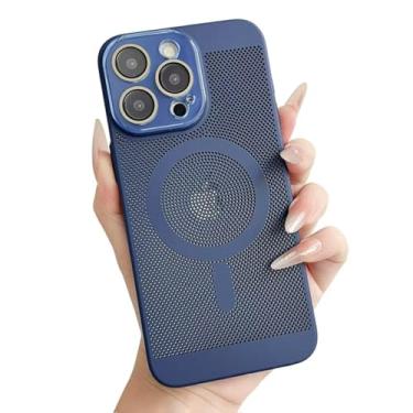Imagem de Capa magnética de proteção de câmera de malha oca respirável com dissipação de calor para iPhone, compatível com carregamento sem fio MagSafe (azul escuro, iPhone 12 Pro Max)