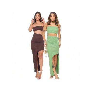 Imagem de KIT 2 Vestido Longo sem alça com Fenda Lateral em Tecido Canelado - AU