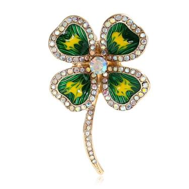 Imagem de QLYOVWE Broche de trevo do dia de São Patrício para mulheres broche de folha de trevo verde cristal broche de esmalte irlandês joias de ouro presente irlandês amuleto da sorte acessórios de fantasia